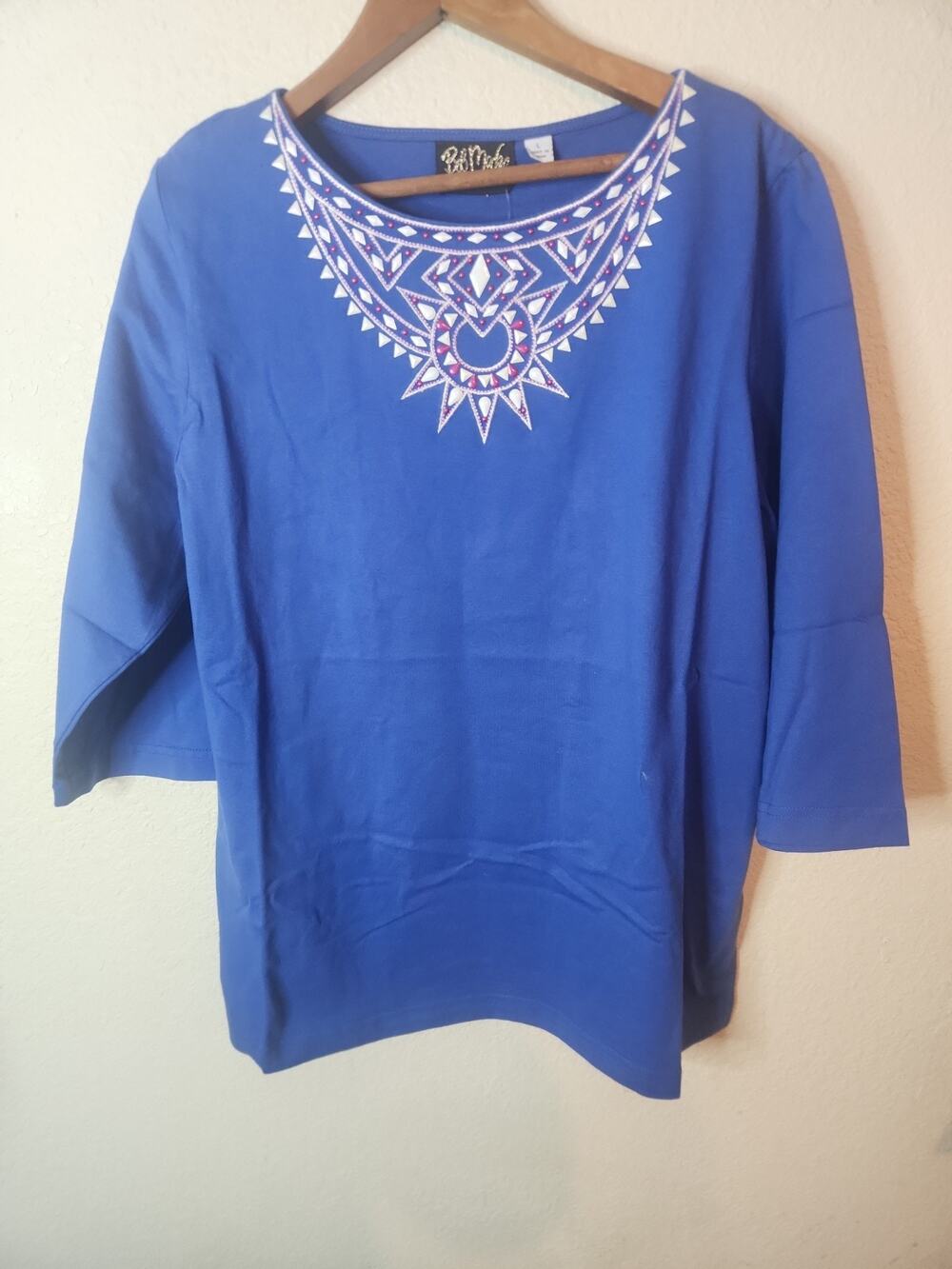 New BOB MACKIE Wearable Art Blue Shirt Embellished Geometric Size LARGE